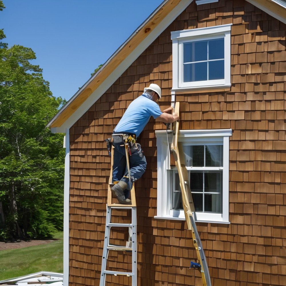 Installer on a ladder fitting new cedar shingle siding courses on the exterior wall of a house
