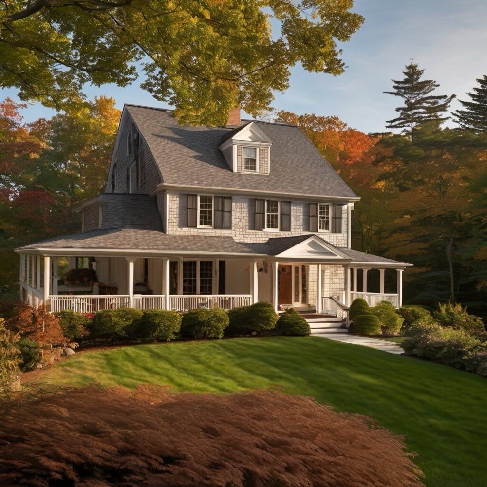 Professional residential roof with cedar shingles on colonial house in afternoon light