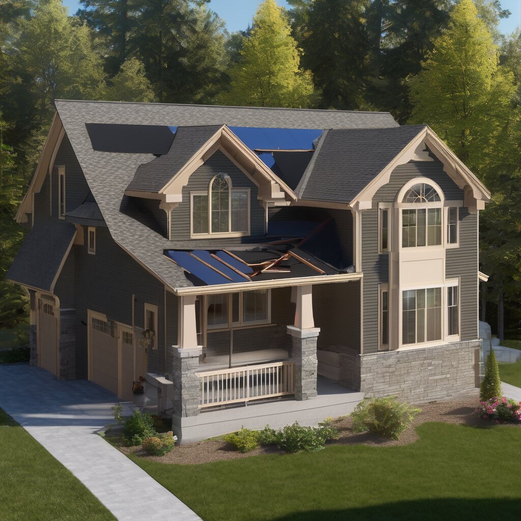 Roof replacement work in progress, residential structure, skilled trade work, daylight scene