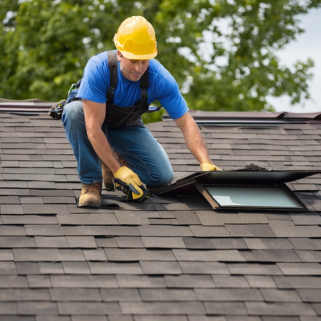 Roofer in safety harness and full protective equipment inspecting a residential roof in daylight, demonstrating proper safety gear and working procedures