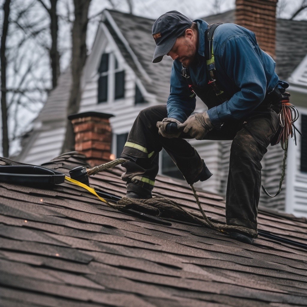 Roofer in a safety harness kneeling on an asphalt shingle roof of a New England house, inspecting the shingles near a brick chimney