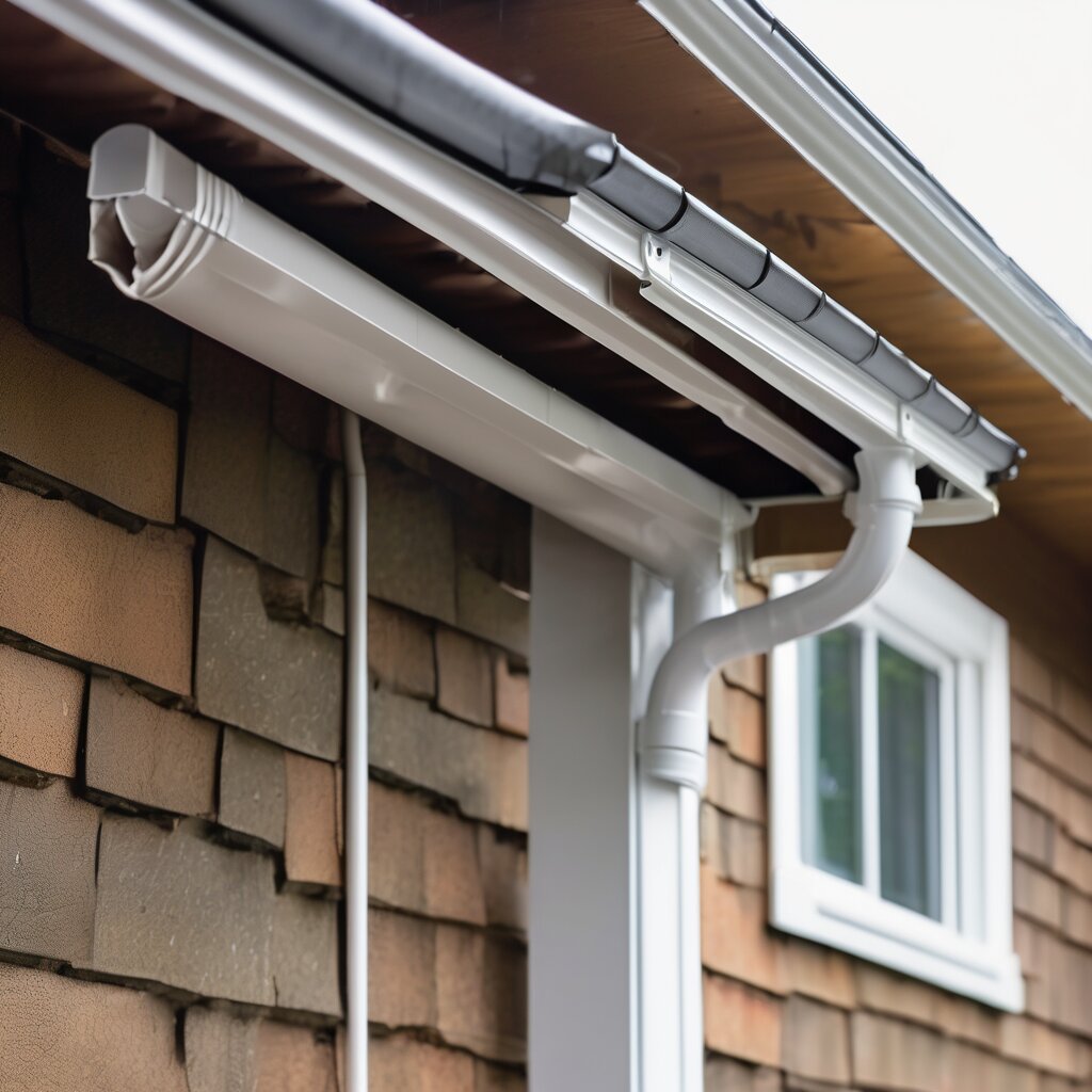 Seamless gutter system on residential home during light rain, water flow, professional installation detail