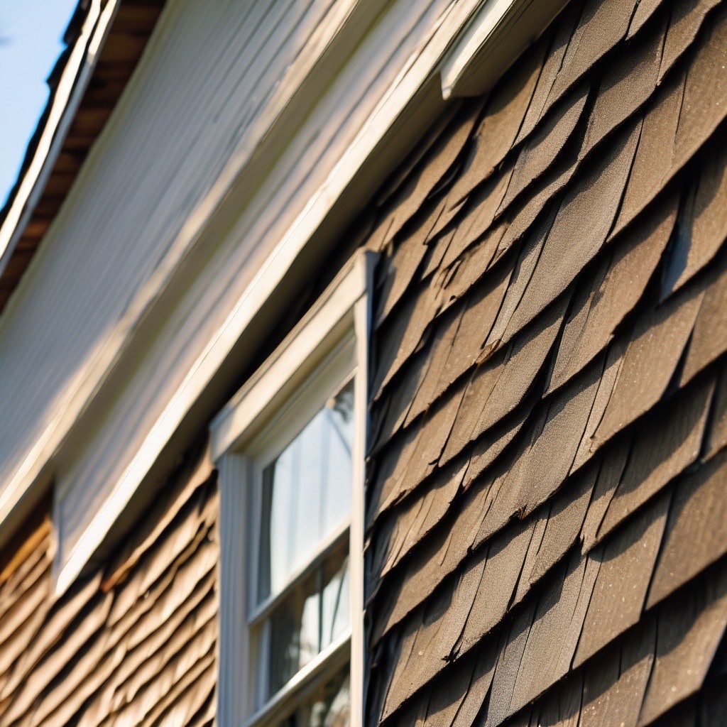 Weathered cedar shingle siding beside a white-trimmed window on a residential house, showing natural aging and texture of premium cedar materials